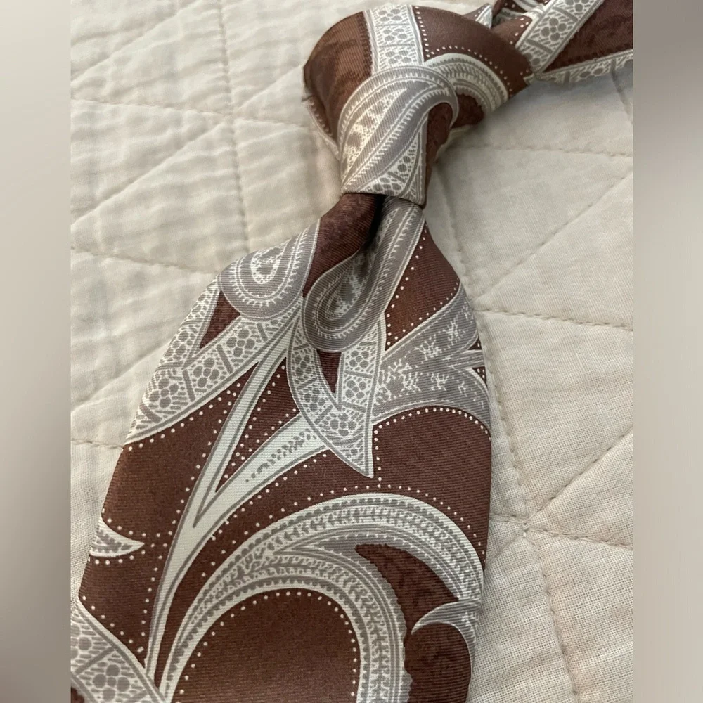 PIERRE BALMAIN Vintage Paisley Print Extra Long Silk Necktie in Browns &‎ Cream